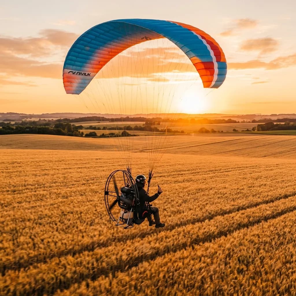 Paramotor over golden fields