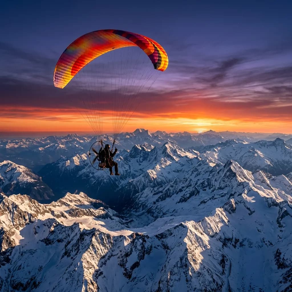 Paramotor over mountains at dusk