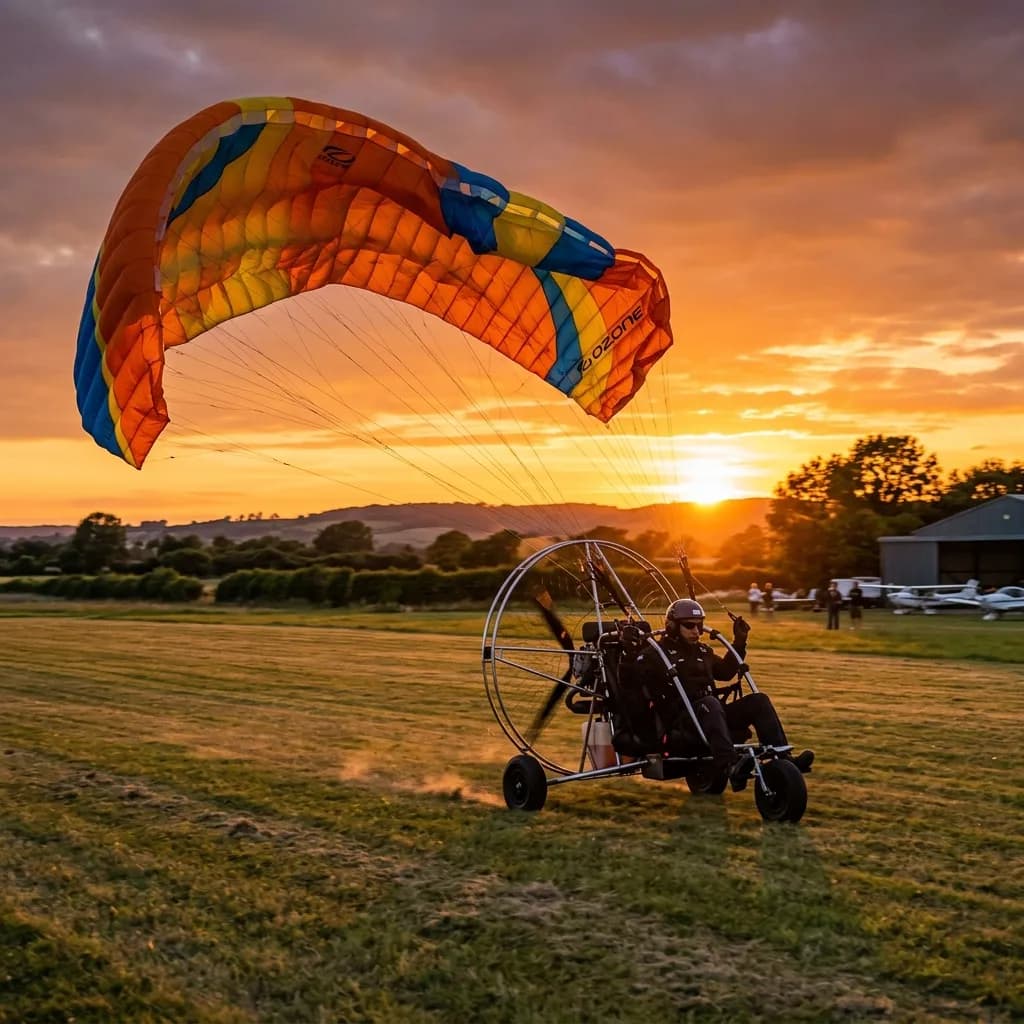 Paratrike landing at sunset